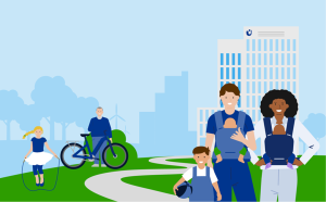 English: A flat-style illustration showing diverse people of different ages in a green city landscape, with wind turbines and a modern office building in the background.